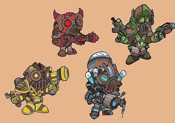Steam Pipe Mutiny. Four playable character designs for a working project